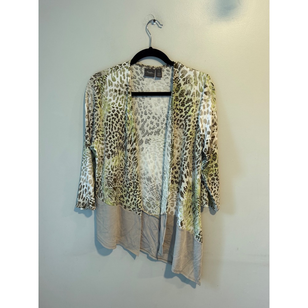 Chicos Travelers Cardigan Womens 1 Sage Green Animal Print Open Front Asymmetric